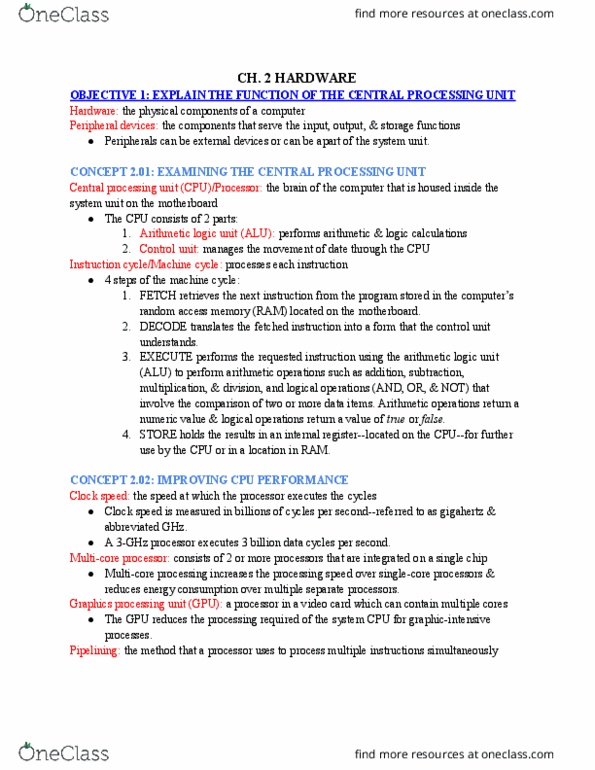 COSA 30 Chapter Notes - Chapter CH. 2 Hardware: Graphics Processing Unit, Arithmetic Logic Unit, Multi-Core Processor thumbnail